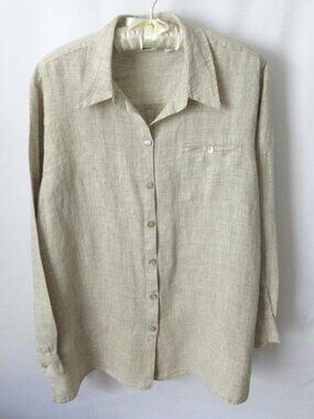 Chico's Design beige linen relaxed fit button front long sleeve shirt *Sz 1(M)*